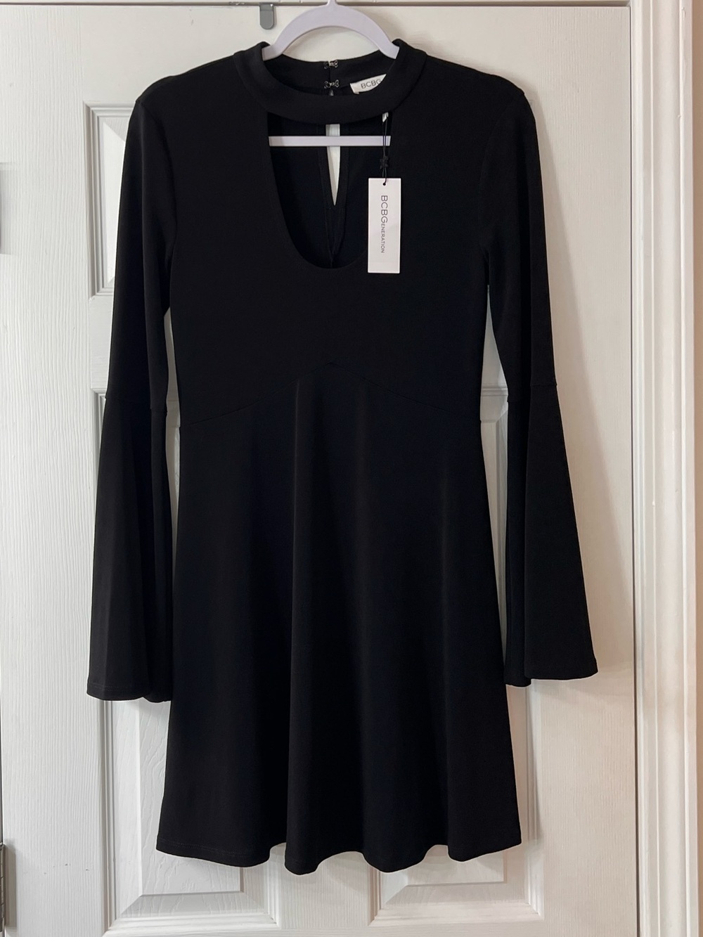 BCBGeneration Black Bell Sleeve Keyhole Fit Flare Mini Dress NWT Small